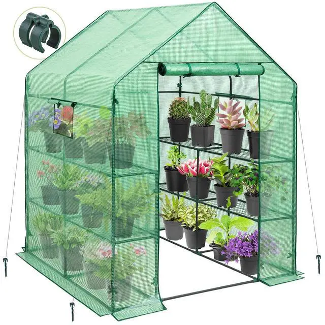 Main image of Walk in 3-Tier Greenhouse with Wire Shelves, Portable Indoor and Outdoor Green House with Roll-Up Zippered Door & 2 Roll Up Windows, 8 Shelves, 56"x56"x77", Clear/Green PE Cover