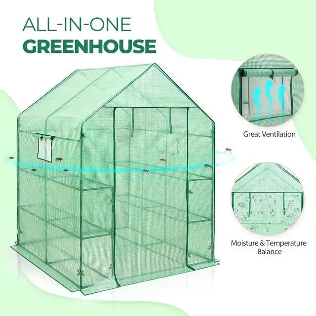 Alt view image 4 of 7 - Walk in 3-Tier Greenhouse with Wire Shelves, Portable Indoor and Outdoor Green House with Roll-Up Zippered Door & 2 Roll Up Windows, 8 Shelves, 56"x56"x77", Clear/Green PE Cover