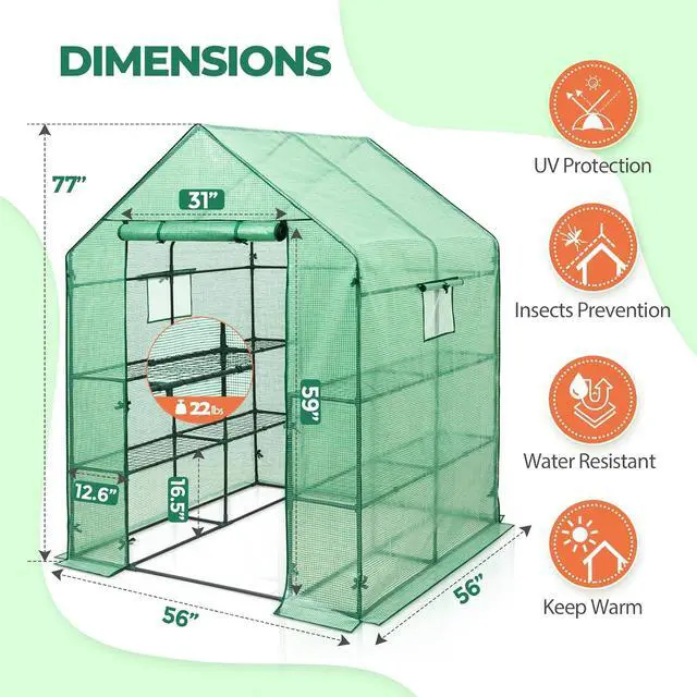 Alt view image 3 of 7 - Walk in 3-Tier Greenhouse with Wire Shelves, Portable Indoor and Outdoor Green House with Roll-Up Zippered Door & 2 Roll Up Windows, 8 Shelves, 56"x56"x77", Clear/Green PE Cover
