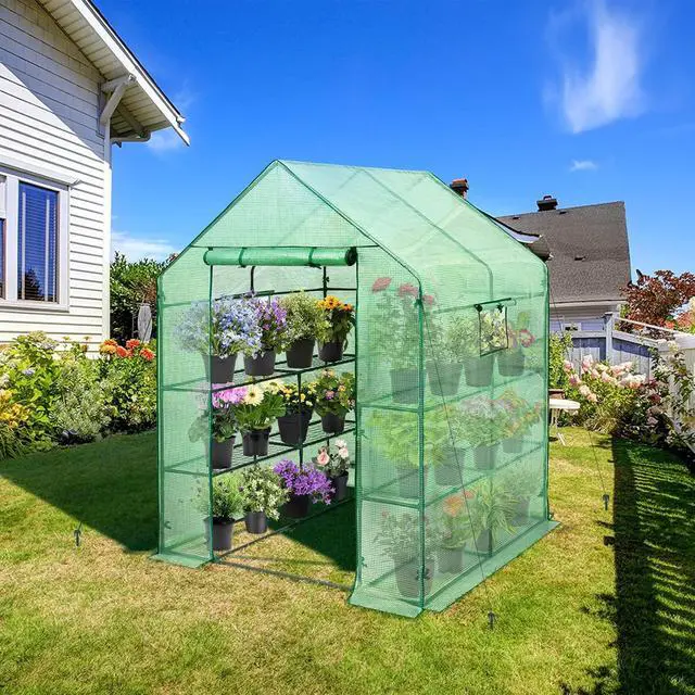 Alt view image 5 of 7 - Walk in 3-Tier Greenhouse with Wire Shelves, Portable Indoor and Outdoor Green House with Roll-Up Zippered Door & 2 Roll Up Windows, 8 Shelves, 56"x56"x77", Clear/Green PE Cover