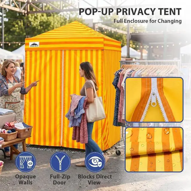 Alt view image 2 of 7 - 5x5 Pop Up Changing Tent, Outdoor Changing Room, Yellow/Orange | Portable, Privacy Tent, Pool Cabana, Dressing Room, Shower & Toilet Use, Opaque Fabric, Instant Setup, Photoshoots, Camping