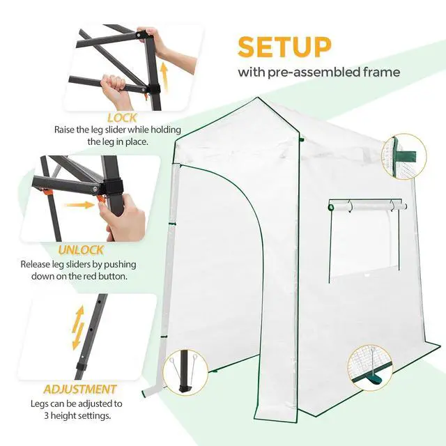 Alt view image 6 of 7 - 9x4 Portable Walk in Greenhouse, Pop Up Indoor Outdoor Greenhouse, Green House Kit with Zippered Roll-Up Doors and Windows, Lean-to Design, PE Cover, Clear/White