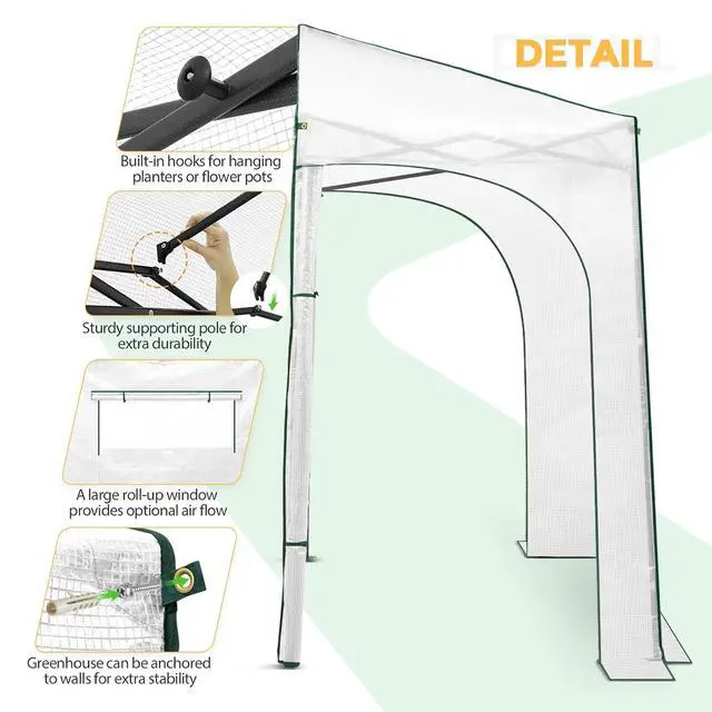 Alt view image 2 of 7 - 10x5 Portable Walk in Greenhouse, Pop Up Indoor Outdoor Greenhouse, Green House Kit with Zippered Roll-Up Doors and Windows, Lean-to Design, PE Cover, Clear/White