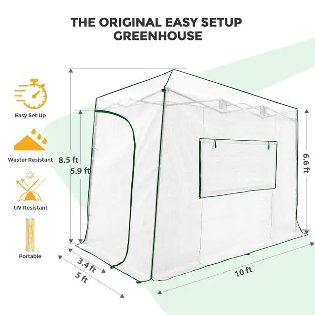 Alt view image 3 of 7 - 10x5 Portable Walk in Greenhouse, Pop Up Indoor Outdoor Greenhouse, Green House Kit with Zippered Roll-Up Doors and Windows, Lean-to Design, PE Cover, Clear/White