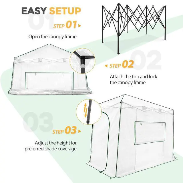 Alt view image 4 of 7 - 10x5 Portable Walk in Greenhouse, Pop Up Indoor Outdoor Greenhouse, Green House Kit with Zippered Roll-Up Doors and Windows, Lean-to Design, PE Cover, Clear/White