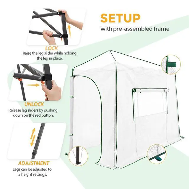 Alt view image 6 of 7 - 10x5 Portable Walk in Greenhouse, Pop Up Indoor Outdoor Greenhouse, Green House Kit with Zippered Roll-Up Doors and Windows, Lean-to Design, PE Cover, Clear/White