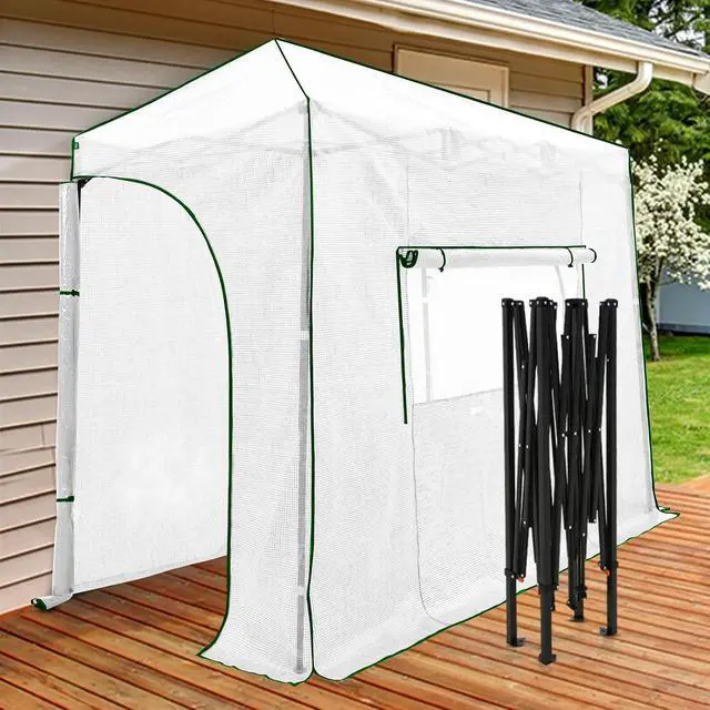 Alt view image 5 of 7 - 10x5 Portable Walk in Greenhouse, Pop Up Indoor Outdoor Greenhouse, Green House Kit with Zippered Roll-Up Doors and Windows, Lean-to Design, PE Cover, Clear/White