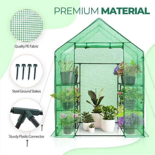 Alt view image 7 of 7 - Walk in 3-Tier Greenhouse with Wire Shelves, Portable Indoor and Outdoor Green House with Roll-Up Zippered Door & 2 Roll Up Windows, 8 Shelves, 56"x56"x77", Clear/Green PE Cover