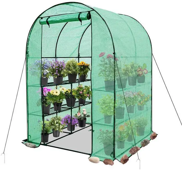 Main image of 3-Tier Walk in Portable Greenhouse with 8 Wire Shelves, Indoor and Outdoor Garden House with Roll Up Zipper Door and Windows, Easy Set Up, 56.3"x56.3"x76.8", Clear/Green PE Cover