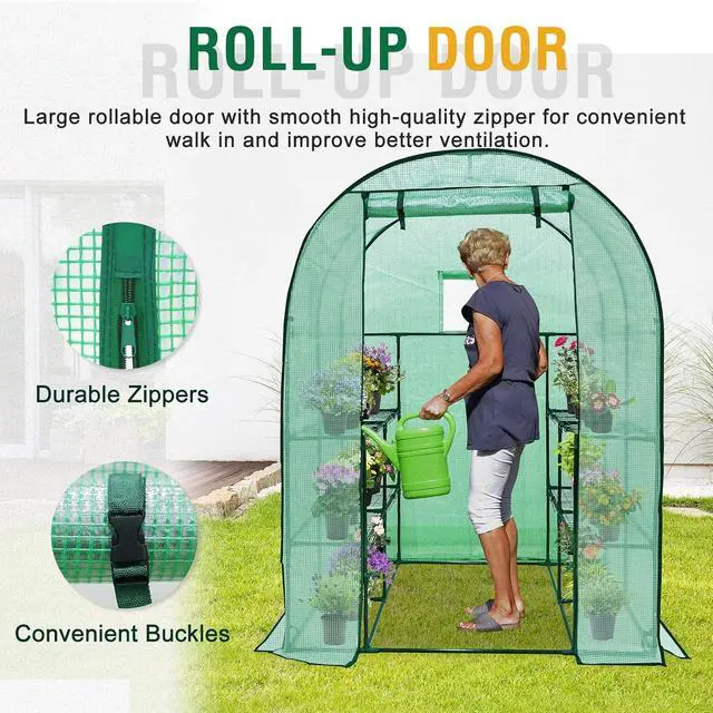 Alt view image 2 of 7 - 3-Tier Walk in Portable Greenhouse with 8 Wire Shelves, Indoor and Outdoor Garden House with Roll Up Zipper Door and Windows, Easy Set Up, 56.3"x56.3"x76.8", Clear/Green PE Cover