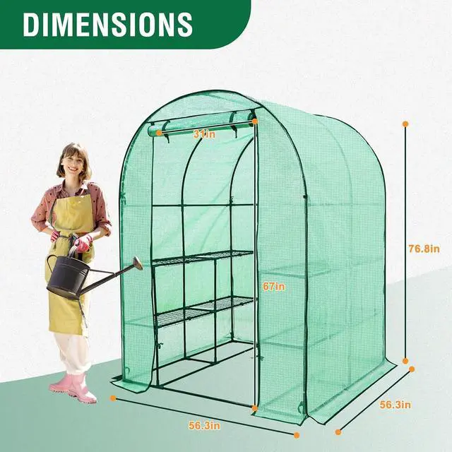 Alt view image 3 of 7 - 3-Tier Walk in Portable Greenhouse with 8 Wire Shelves, Indoor and Outdoor Garden House with Roll Up Zipper Door and Windows, Easy Set Up, 56.3"x56.3"x76.8", Clear/Green PE Cover