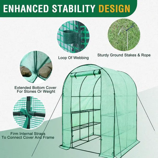 Alt view image 4 of 7 - 3-Tier Walk in Portable Greenhouse with 8 Wire Shelves, Indoor and Outdoor Garden House with Roll Up Zipper Door and Windows, Easy Set Up, 56.3"x56.3"x76.8", Clear/Green PE Cover