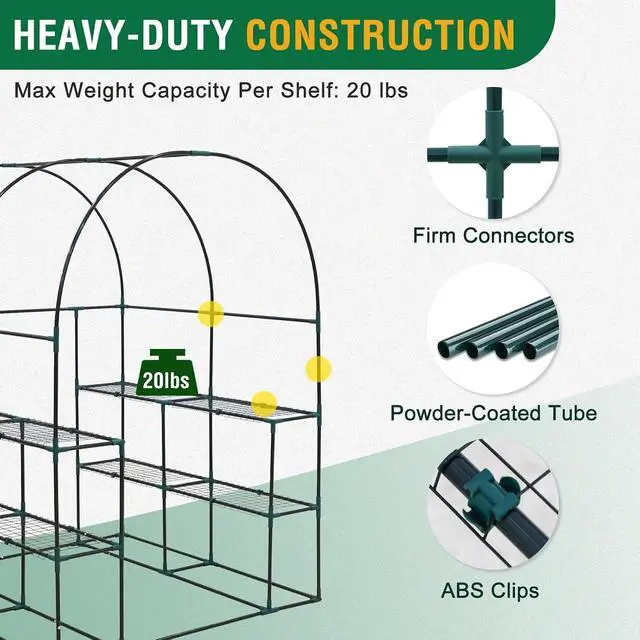Alt view image 7 of 7 - 3-Tier Walk in Portable Greenhouse with 8 Wire Shelves, Indoor and Outdoor Garden House with Roll Up Zipper Door and Windows, Easy Set Up, 56.3"x56.3"x76.8", Clear/Green PE Cover