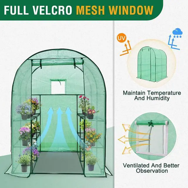 Alt view image 6 of 7 - 3-Tier Walk in Portable Greenhouse with 8 Wire Shelves, Indoor and Outdoor Garden House with Roll Up Zipper Door and Windows, Easy Set Up, 56.3"x56.3"x76.8", Clear/Green PE Cover