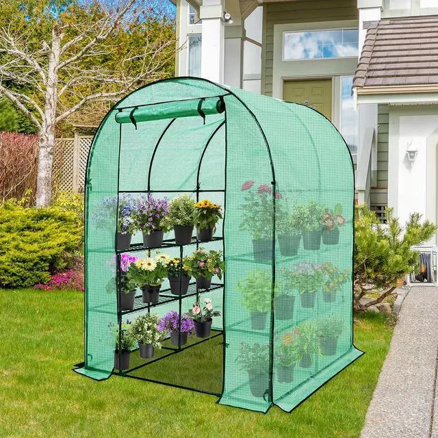 Alt view image 5 of 7 - 3-Tier Walk in Portable Greenhouse with 8 Wire Shelves, Indoor and Outdoor Garden House with Roll Up Zipper Door and Windows, Easy Set Up, 56.3"x56.3"x76.8", Clear/Green PE Cover