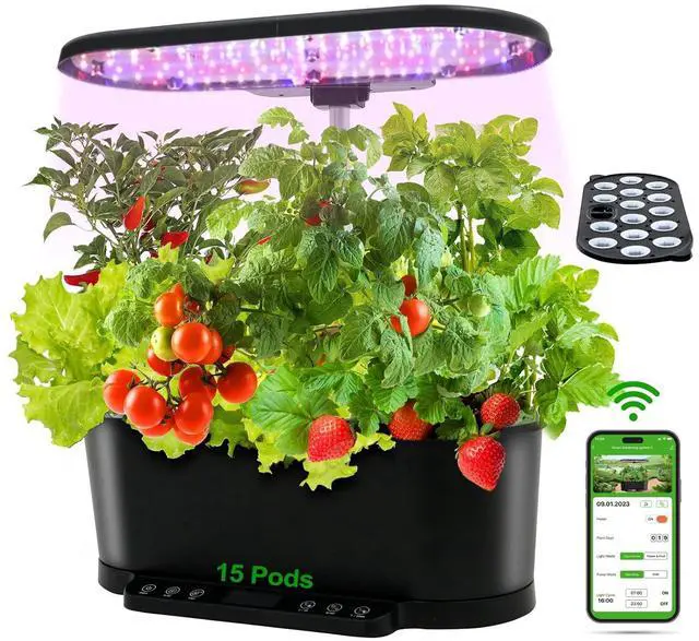 Main image of 15 Pods Hydroponics Growing System with WiFi, 5.5 L Water Tank, Smart Indoor Plants Germination Kit with LED Grow Light, Pump System, Adjustable Height for Home Kitchen Gardening, Black