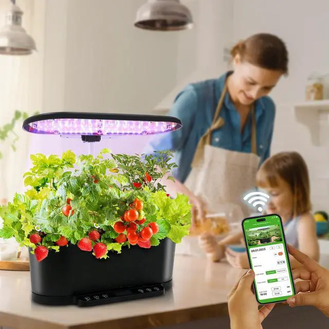 Alt view image 2 of 7 - 15 Pods Hydroponics Growing System with WiFi, 5.5 L Water Tank, Smart Indoor Plants Germination Kit with LED Grow Light, Pump System, Adjustable Height for Home Kitchen Gardening, Black