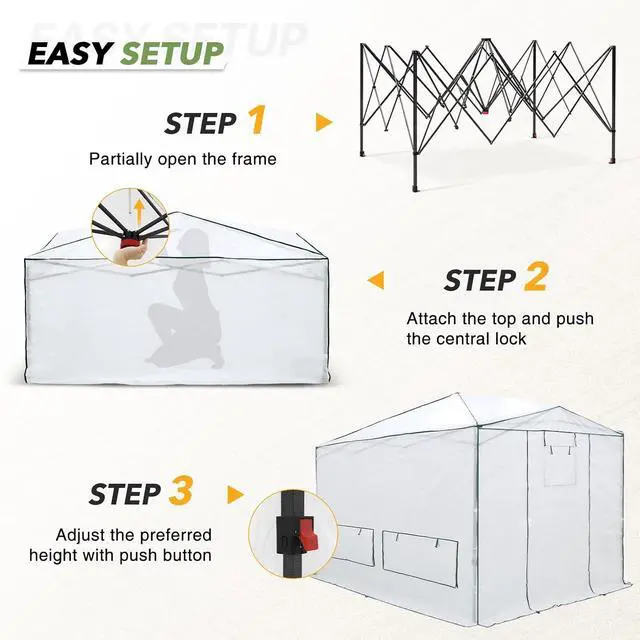 Alt view image 2 of 7 - 12x8 Portable Walk in Greenhouse, Pop Up Indoor Outdoor Greenhouse, Green House Kit with Zippered Roll-Up Doors, Windows + Support Pole, Woven Cover, Translucent