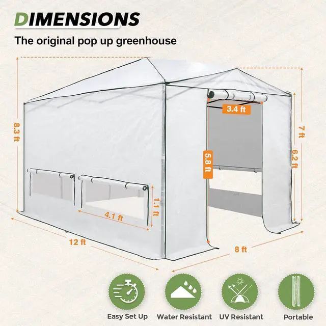 Alt view image 3 of 7 - 12x8 Portable Walk in Greenhouse, Pop Up Indoor Outdoor Greenhouse, Green House Kit with Zippered Roll-Up Doors, Windows + Support Pole, Woven Cover, Translucent