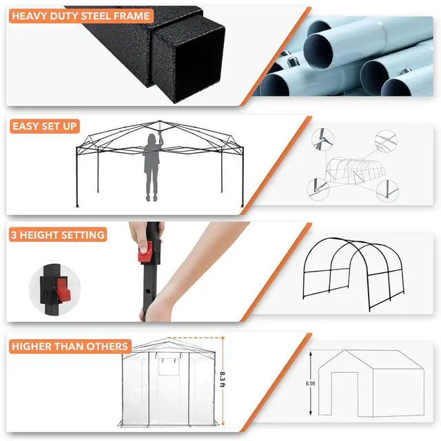 Alt view image 6 of 7 - 12x8 Portable Walk in Greenhouse, Pop Up Indoor Outdoor Greenhouse, Green House Kit with Zippered Roll-Up Doors, Windows + Support Pole, Woven Cover, Translucent