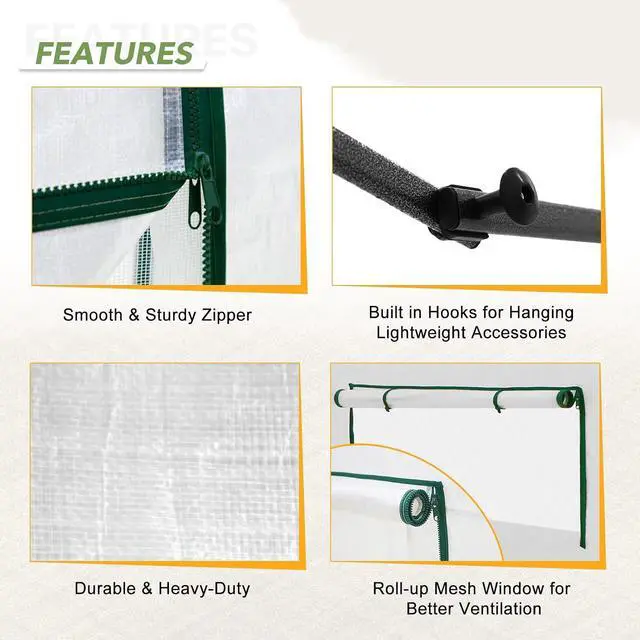 Alt view image 7 of 7 - 12x8 Portable Walk in Greenhouse, Pop Up Indoor Outdoor Greenhouse, Green House Kit with Zippered Roll-Up Doors, Windows + Support Pole, Woven Cover, Translucent