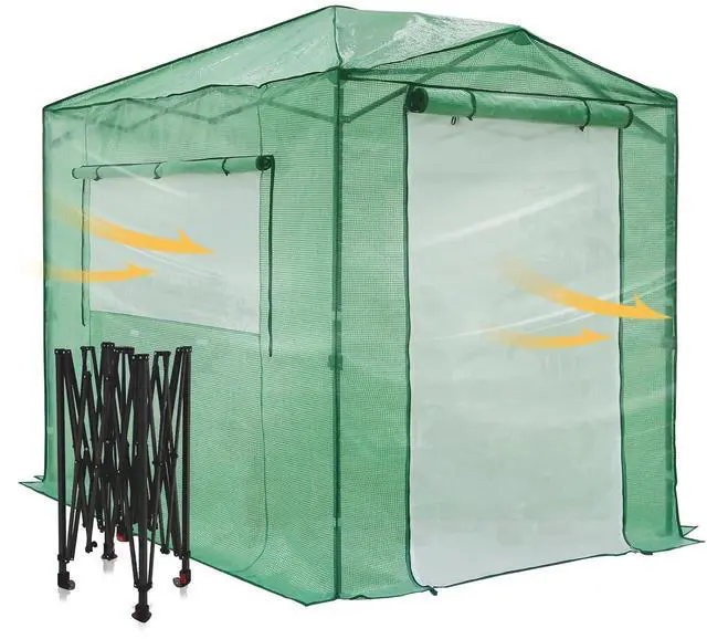 Main image of 8x6 Portable Walk in Greenhouse, Pop Up Indoor Outdoor Greenhouse, Green House Kit with Zippered Roll-Up Doors and Windows + Mesh Lined Door, PE Cover, Clear/Green