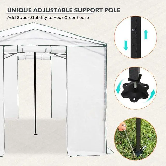 Alt view image 4 of 7 - 12x8 Portable Walk in Greenhouse, Pop Up Indoor Outdoor Greenhouse, Green House Kit with Zippered Roll-Up Doors, Windows + Support Pole, Woven Cover, Translucent