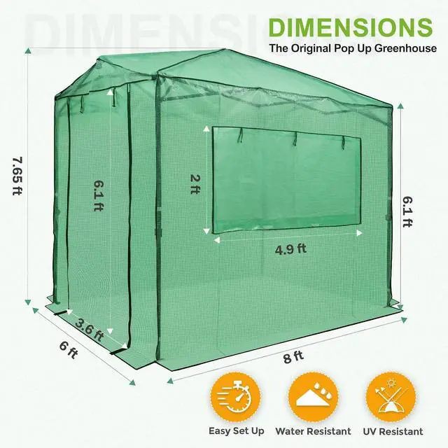 Alt view image 3 of 7 - 8x6 Portable Walk in Greenhouse, Pop Up Indoor Outdoor Greenhouse, Green House Kit with Zippered Roll-Up Doors and Windows + Mesh Lined Door, PE Cover, Clear/Green