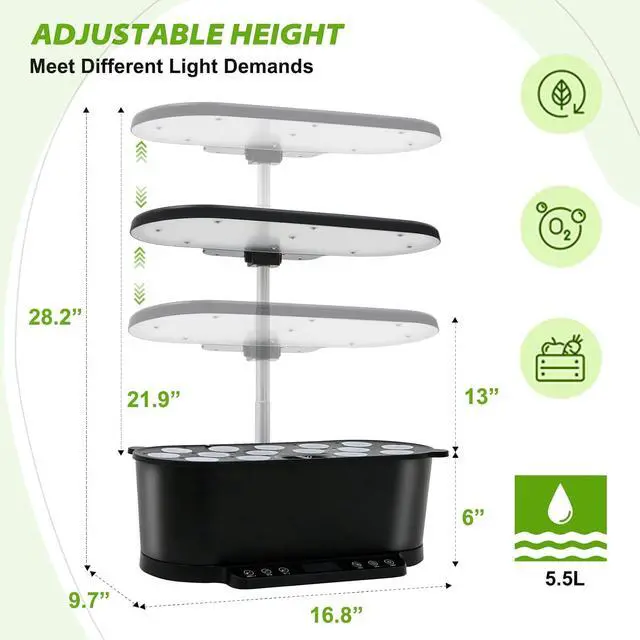 Alt view image 7 of 7 - 15 Pods Hydroponics Growing System with WiFi, 5.5 L Water Tank, Smart Indoor Plants Germination Kit with LED Grow Light, Pump System, Adjustable Height for Home Kitchen Gardening, Black