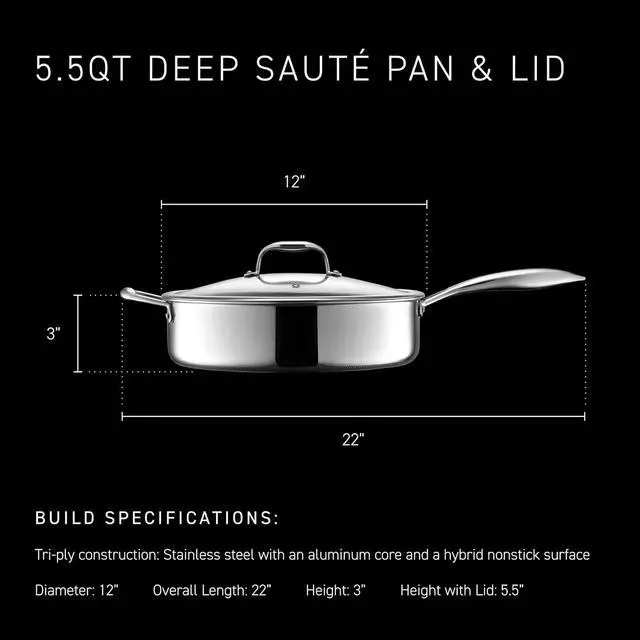 Alt view image 3 of 7 - HexClad 5.5 Quart Hybrid Nonstick Deep Sauté Frying Pan with Lid, Dishwasher and Oven-Safe, Induction Ready, Compatible with All Cooktops