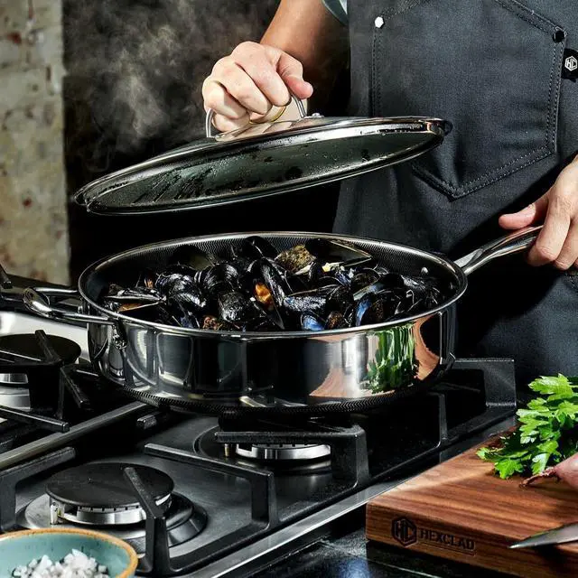 Alt view image 7 of 7 - HexClad 5.5 Quart Hybrid Nonstick Deep Sauté Frying Pan with Lid, Dishwasher and Oven-Safe, Induction Ready, Compatible with All Cooktops