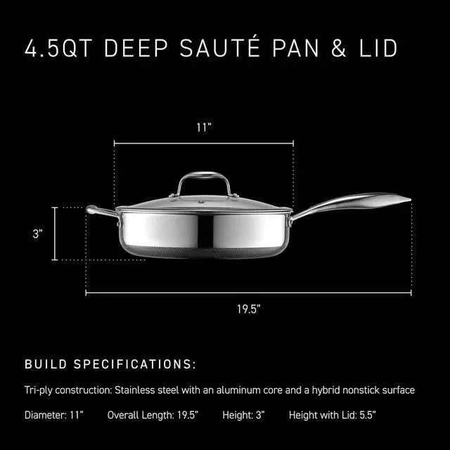 Alt view image 3 of 7 - HexClad 4.5 Quart Hybrid Nonstick Deep Sauté Frying Pan with Lid, Dishwasher and Oven-Safe, Induction Ready, Compatible with All Cooktops