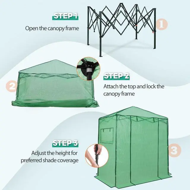 Alt view image 2 of 7 - 6x4 Portable Walk in Greenhouse, Pop Up Indoor Outdoor Greenhouse, Green House Kit with Zippered Roll-Up Doors and Windows, PE Cover, Clear/Green
