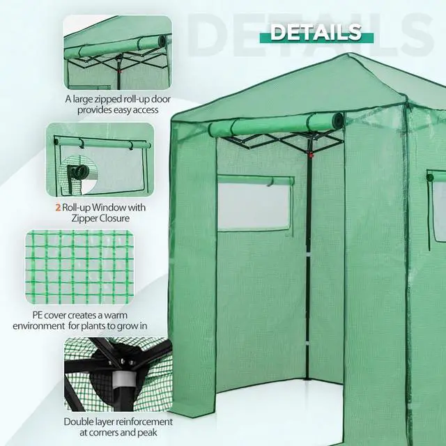 Alt view image 4 of 7 - 6x4 Portable Walk in Greenhouse, Pop Up Indoor Outdoor Greenhouse, Green House Kit with Zippered Roll-Up Doors and Windows, PE Cover, Clear/Green