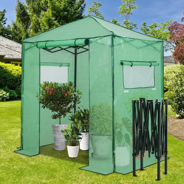 Alt view image 5 of 7 - 6x4 Portable Walk in Greenhouse, Pop Up Indoor Outdoor Greenhouse, Green House Kit with Zippered Roll-Up Doors and Windows, PE Cover, Clear/Green