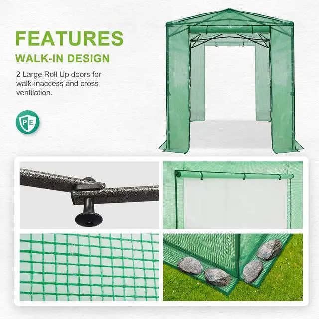 Alt view image 7 of 7 - 8x6 Portable Walk in Greenhouse, Pop Up Indoor Outdoor Greenhouse, Green House Kit with Zippered Roll-Up Doors and Windows + Mesh Lined Door, PE Cover, Clear/Green