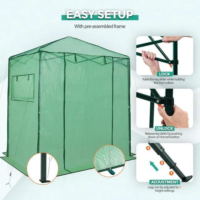 Alt view image 7 of 7 - 6x4 Portable Walk in Greenhouse, Pop Up Indoor Outdoor Greenhouse, Green House Kit with Zippered Roll-Up Doors and Windows, PE Cover, Clear/Green