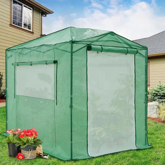 Alt view image 5 of 7 - 8x6 Portable Walk in Greenhouse, Pop Up Indoor Outdoor Greenhouse, Green House Kit with Zippered Roll-Up Doors and Windows + Mesh Lined Door, PE Cover, Clear/Green