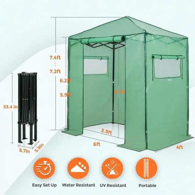 Alt view image 3 of 7 - 6x4 Portable Walk in Greenhouse, Pop Up Indoor Outdoor Greenhouse, Green House Kit with Zippered Roll-Up Doors and Windows, PE Cover, Clear/Green