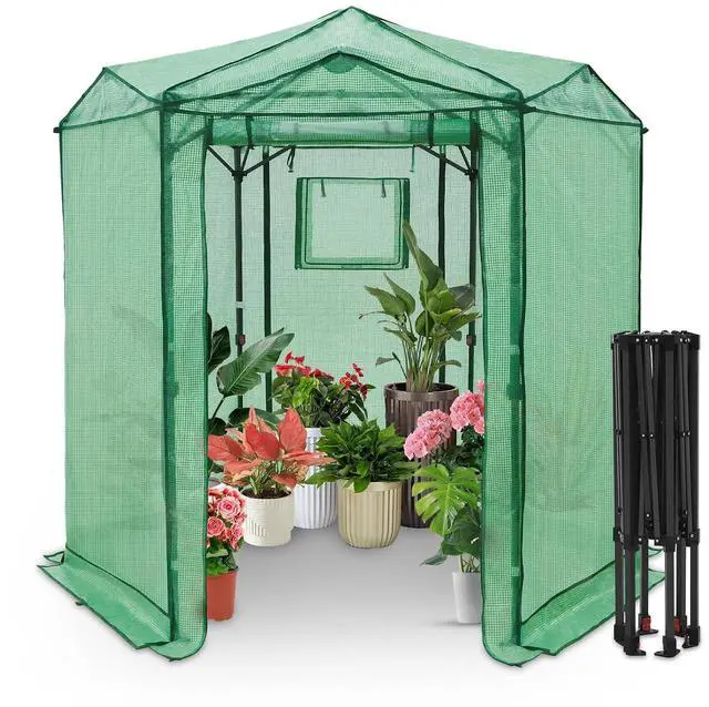 Main image of 6.6x6.6 Portable Walk in Greenhouse, Pop Up Indoor Outdoor Greenhouse, Green House Kit with Zippered Roll-Up Doors and Windows, Hexagon Design, PE Cover, Clear/Green
