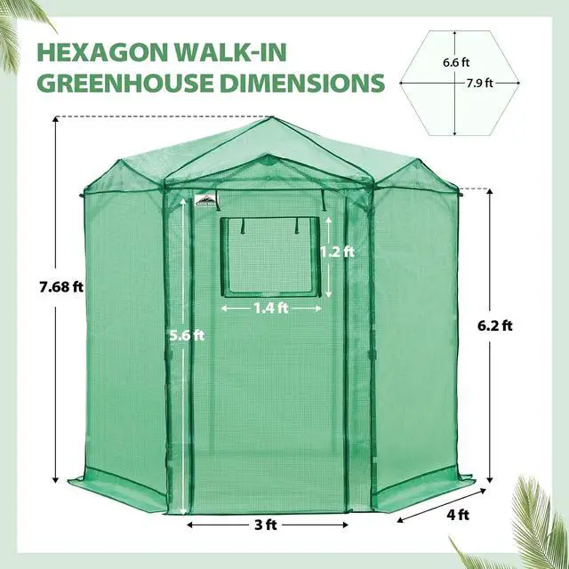 Alt view image 3 of 7 - 6.6x6.6 Portable Walk in Greenhouse, Pop Up Indoor Outdoor Greenhouse, Green House Kit with Zippered Roll-Up Doors and Windows, Hexagon Design, PE Cover, Clear/Green