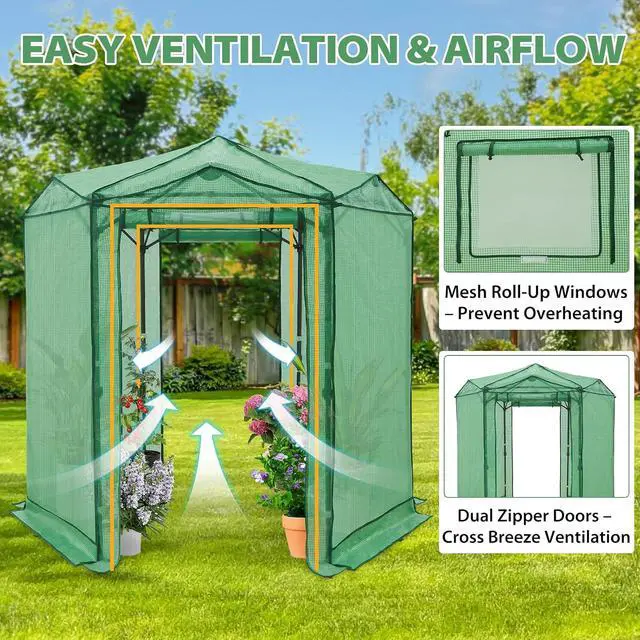 Alt view image 2 of 7 - 6.6x6.6 Portable Walk in Greenhouse, Pop Up Indoor Outdoor Greenhouse, Green House Kit with Zippered Roll-Up Doors and Windows, Hexagon Design, PE Cover, Clear/Green