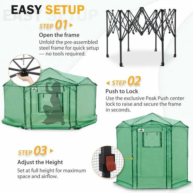 Alt view image 6 of 7 - 6.6x6.6 Portable Walk in Greenhouse, Pop Up Indoor Outdoor Greenhouse, Green House Kit with Zippered Roll-Up Doors and Windows, Hexagon Design, PE Cover, Clear/Green
