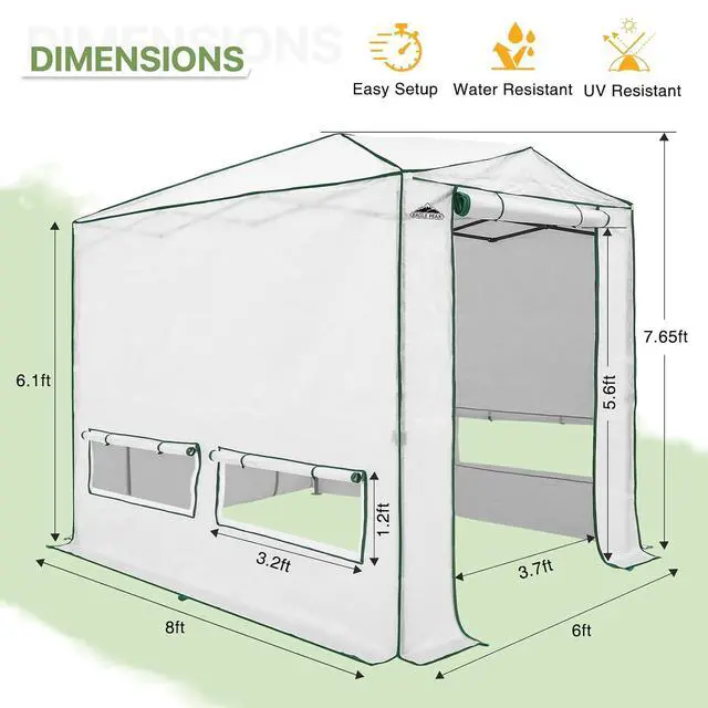 Alt view image 3 of 7 - 8x6 Portable Walk in Greenhouse, Pop Up Indoor Outdoor Greenhouse, Green House Kit with Zippered Roll-Up Doors and Windows, Woven Cover, Translucent