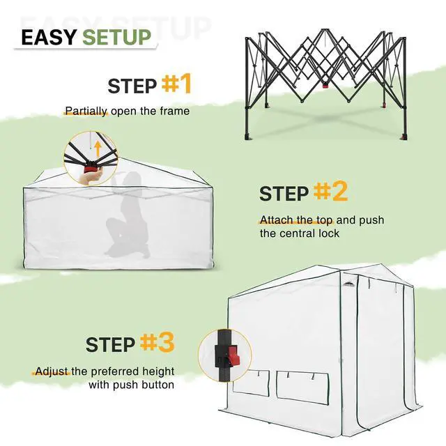 Alt view image 2 of 7 - 8x6 Portable Walk in Greenhouse, Pop Up Indoor Outdoor Greenhouse, Green House Kit with Zippered Roll-Up Doors and Windows, Woven Cover, Translucent