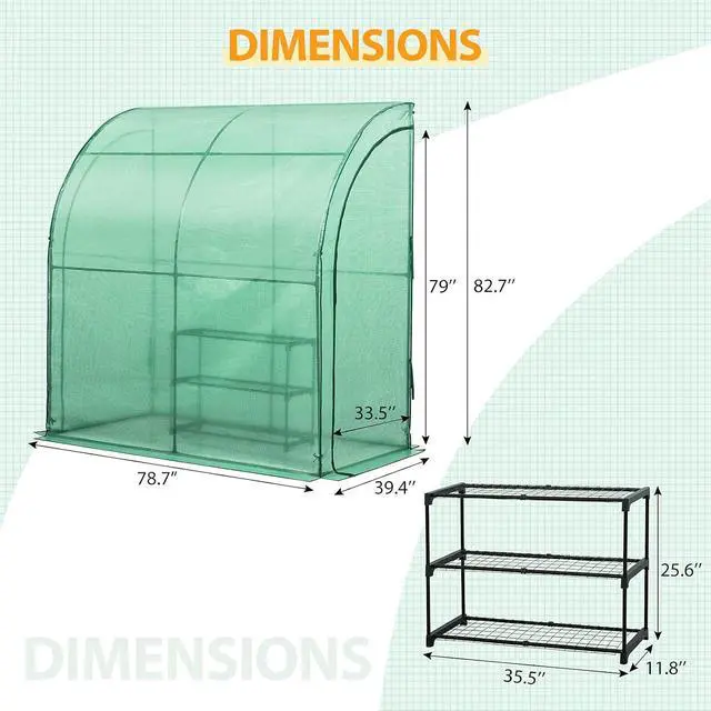 Alt view image 3 of 7 - 3 Tier Lean to Portable Greenhouse, Heavy-Duty Indoor & Outdoor Garden with Wire Shelves, 2 Roll-Up Zipper Doors, Easy Assembly, 79"x39"x83" Clear/Green PE Cover