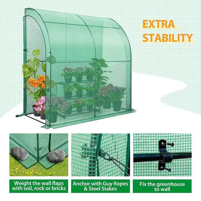 Alt view image 2 of 7 - 3 Tier Lean to Portable Greenhouse, Heavy-Duty Indoor & Outdoor Garden with Wire Shelves, 2 Roll-Up Zipper Doors, Easy Assembly, 79"x39"x83" Clear/Green PE Cover