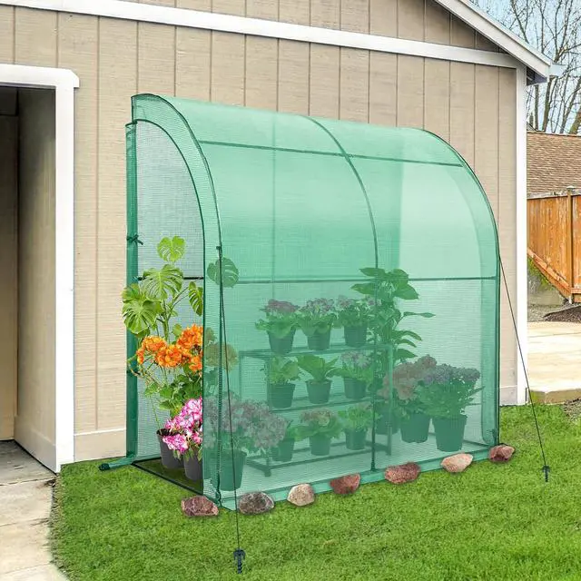 Alt view image 5 of 7 - 3 Tier Lean to Portable Greenhouse, Heavy-Duty Indoor & Outdoor Garden with Wire Shelves, 2 Roll-Up Zipper Doors, Easy Assembly, 79"x39"x83" Clear/Green PE Cover