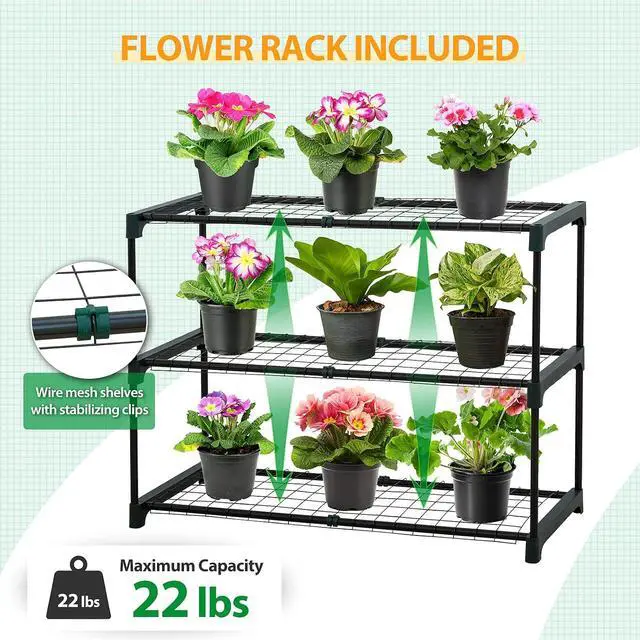 Alt view image 6 of 7 - 3 Tier Lean to Portable Greenhouse, Heavy-Duty Indoor & Outdoor Garden with Wire Shelves, 2 Roll-Up Zipper Doors, Easy Assembly, 79"x39"x83" Clear/Green PE Cover
