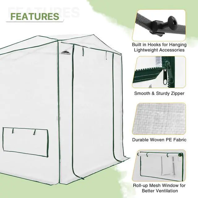 Alt view image 4 of 7 - 8x6 Portable Walk in Greenhouse, Pop Up Indoor Outdoor Greenhouse, Green House Kit with Zippered Roll-Up Doors and Windows, Woven Cover, Translucent